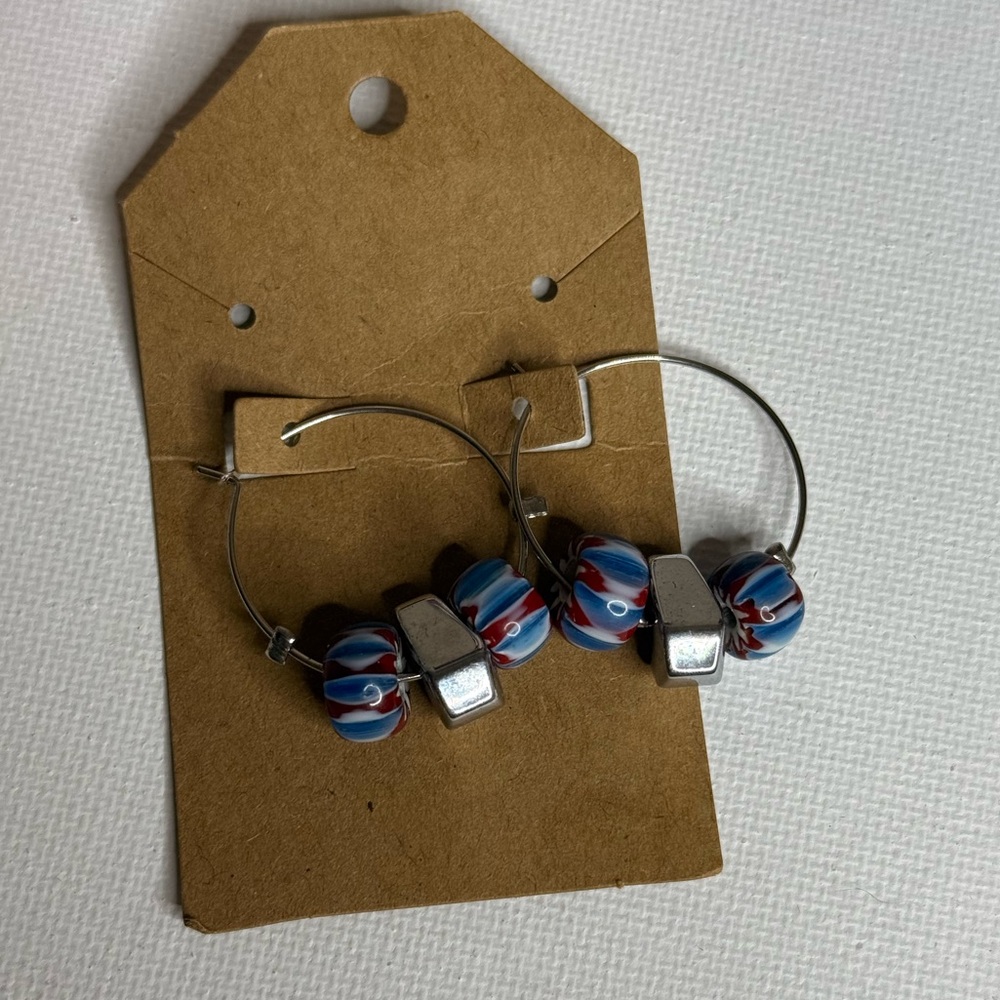 Silver and Blue Beaded Hoop Earrings
